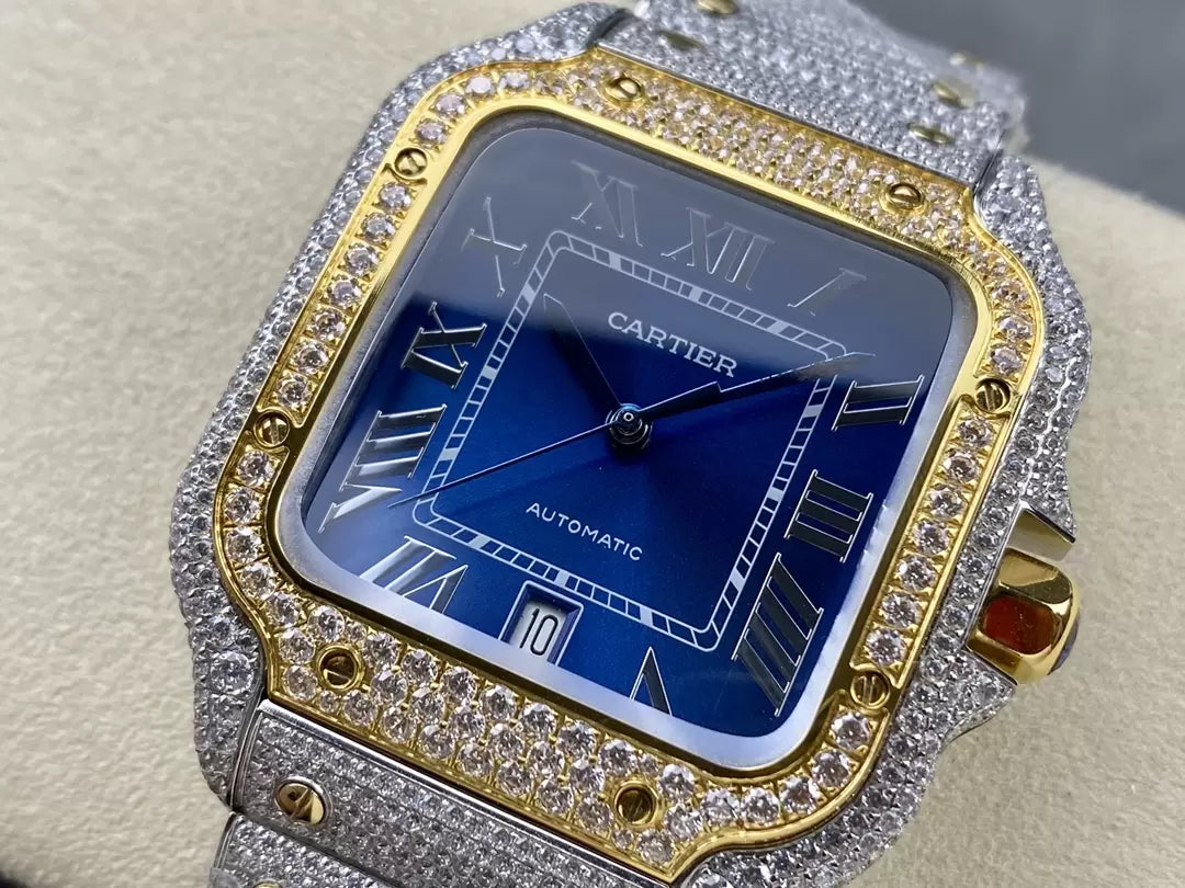 Santos De Cartier Montres en diamant Cadran bleu et or 1: 1 Meilleure édition AMG Factory Pierre Swarovski