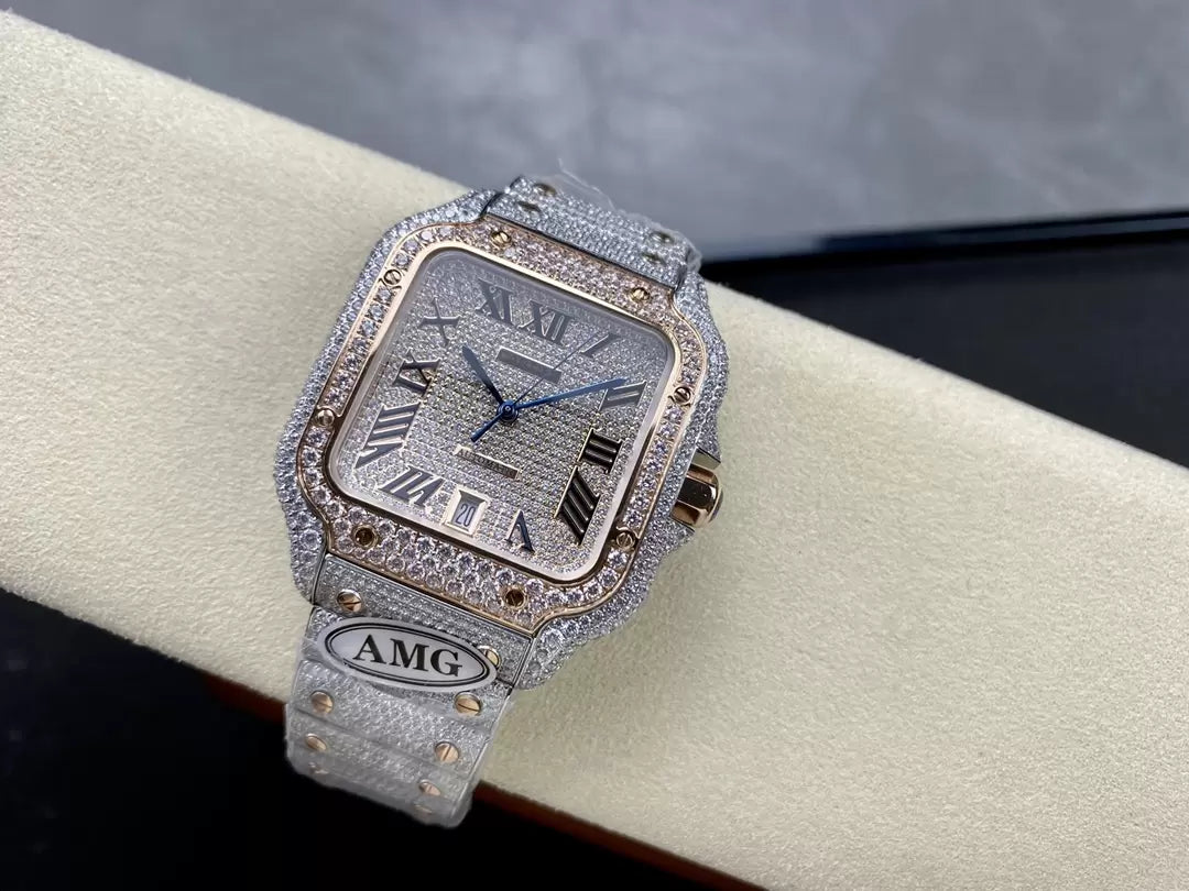 Santos De Cartier Montres en diamant Cadran en or rose 1: 1 Meilleure édition AMG Factory Pierre Swarovski