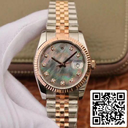 Rolex Datejust 36 mm GM Factory 1: 1 Meilleure édition Cadran gris Marqueurs de diamants Enveloppé d'or 18 carats Suisse ETA3135