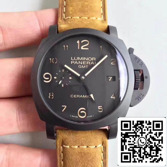 Panerai Luminor PAM441 VS Caja de cerámica de fábrica 1:1 Mejor edición Swiss ETA P9001 Correa de cuero marrón