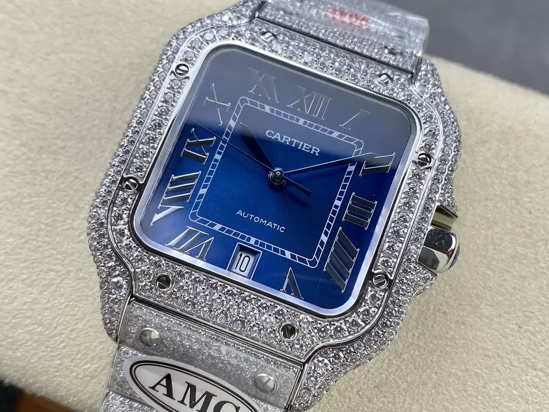 Santos De Cartier Relógios Diamante Mostrador Azul e Prata 1:1 Melhor Edição AMG Factory Pedra Swarovski