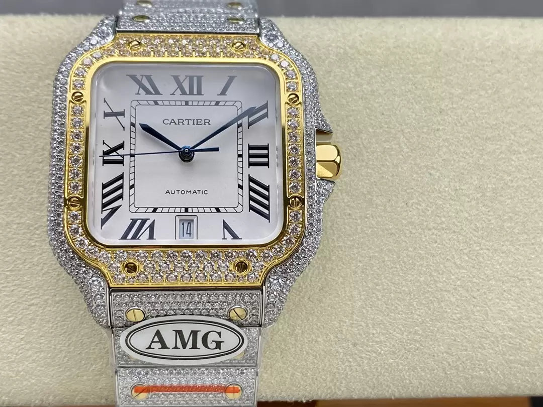 Santos De Cartier Relojes con diamantes Esfera blanca y oro 1:1 Mejor edición AMG Factory Swarovski Stone