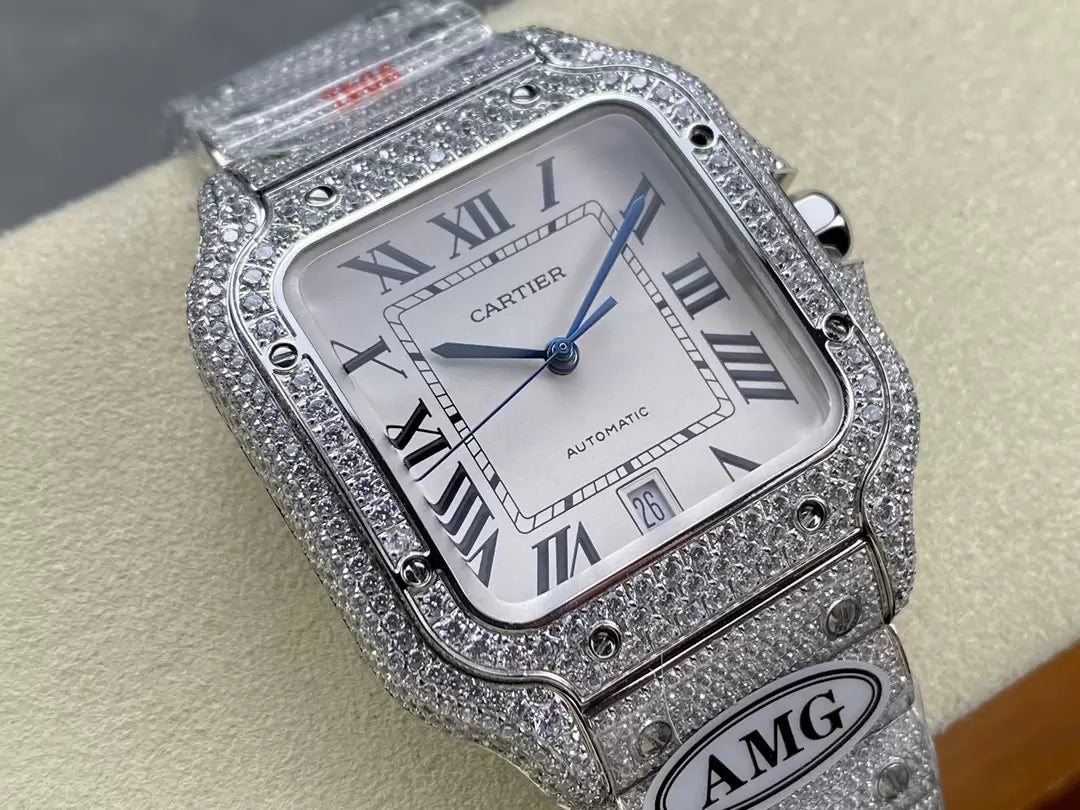 Santos De Cartier Relógios Diamante Mostrador Branco e Prata 1:1 Melhor Edição AMG Factory Pedra Swarovski