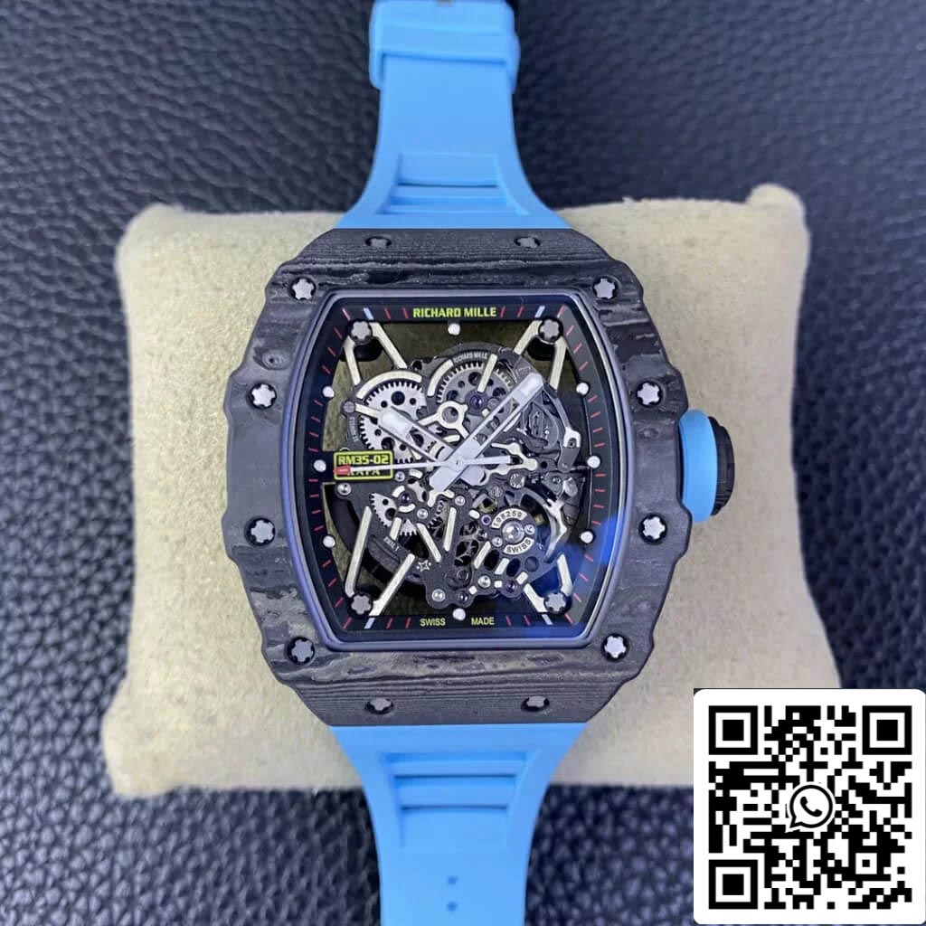 Richard Mille RM35-02 1:1 Meilleure édition T+ Factory NTPT Bracelet en caoutchouc bleu en fibre de carbone