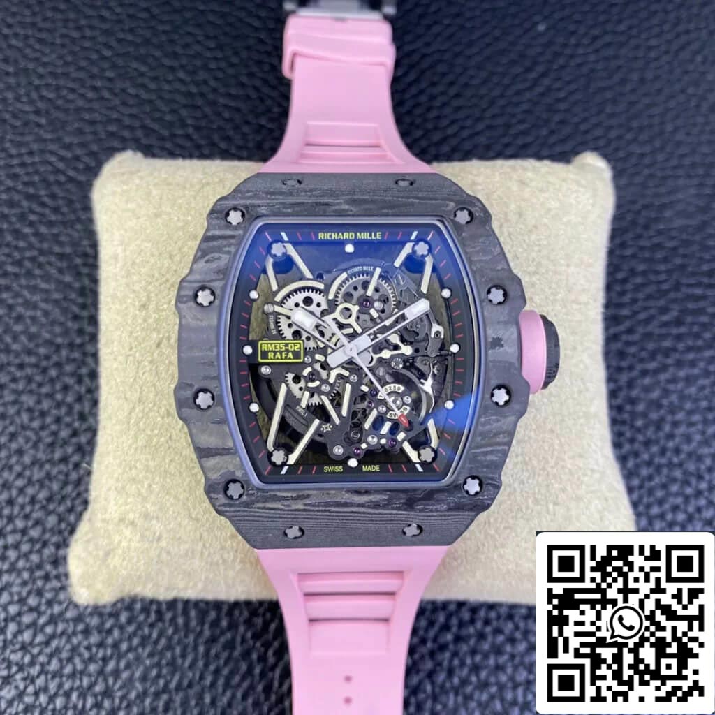 Richard Mille RM35-02 1:1 Meilleure édition T+ Factory NTPT Bracelet en caoutchouc rose en fibre de carbone