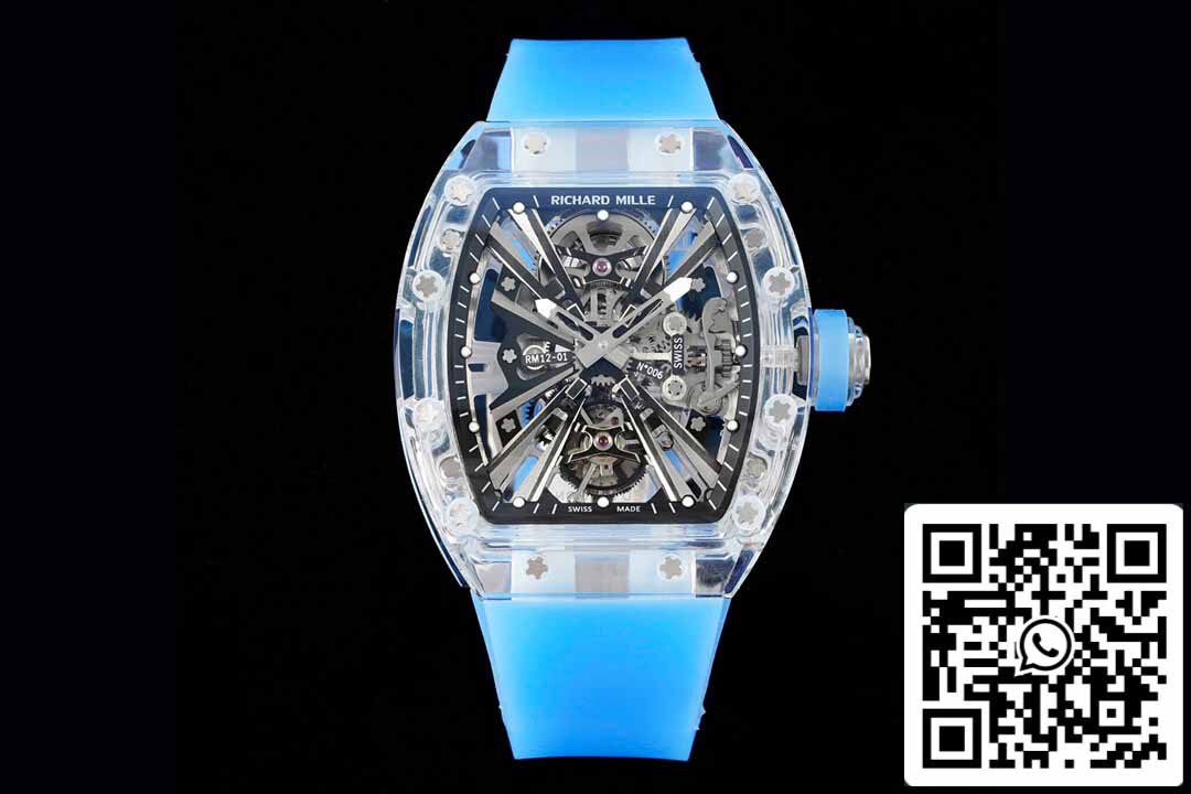 Richard Mille RM12-01 1:1 Meilleure édition RM Factory Tourbillon Version transparente Bracelet bleu