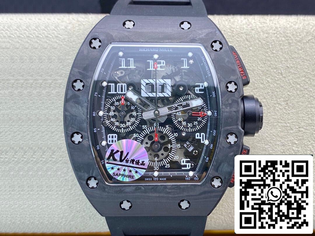 Richard Mille RM011 1:1 Meilleure édition KV Factory Bracelet en caoutchouc noir en fibre de carbone