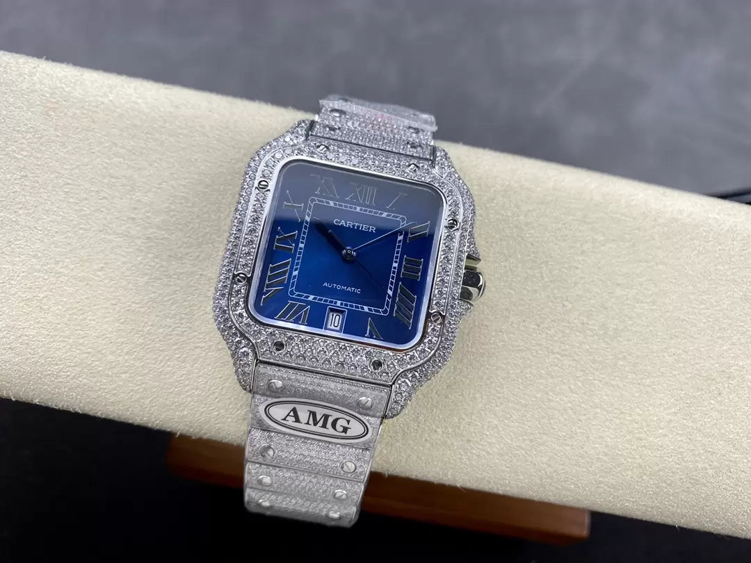 Santos De Cartier Relógios Diamante Mostrador Azul e Prata 1:1 Melhor Edição AMG Factory Pedra Swarovski