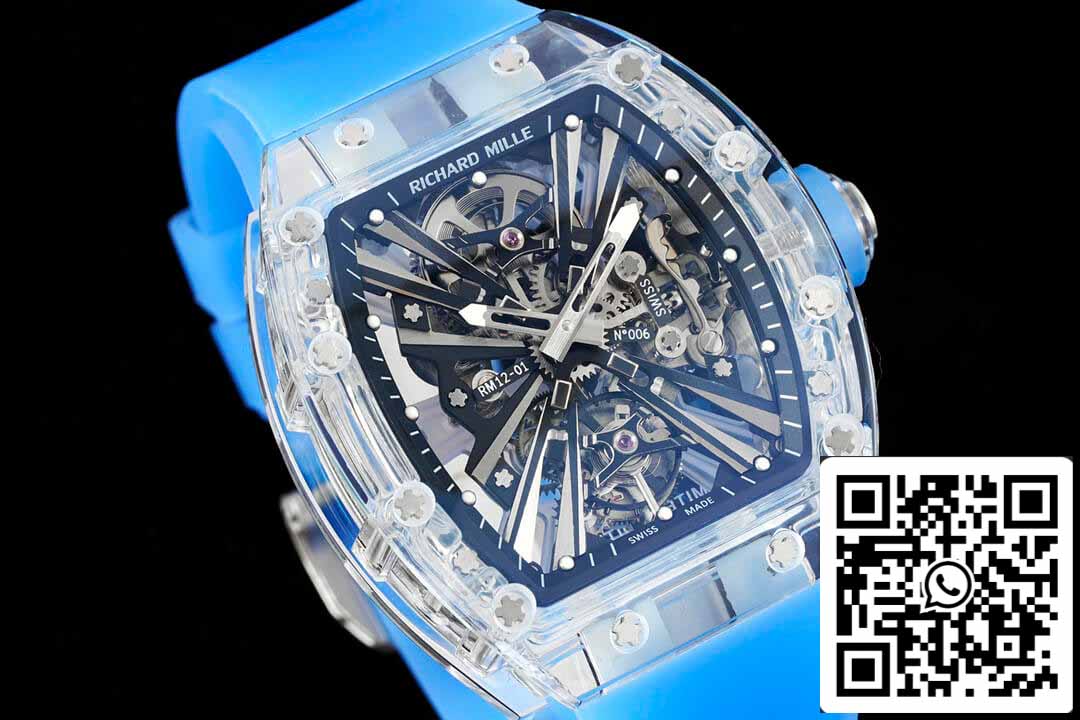 Richard Mille RM12-01 1:1 Meilleure édition RM Factory Tourbillon Version transparente Bracelet bleu