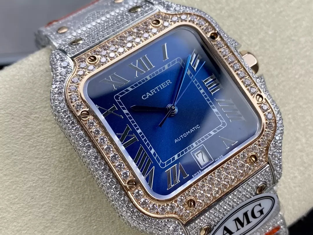 Santos De Cartier Diamond Watches Blue Dial 1:1 Best Edition AMG Factory Swarovski Stone