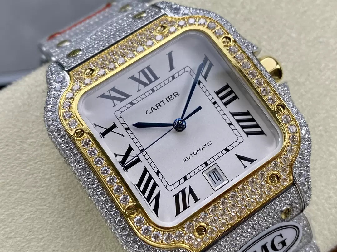 Santos De Cartier Relojes con diamantes Esfera blanca y oro 1:1 Mejor edición AMG Factory Swarovski Stone