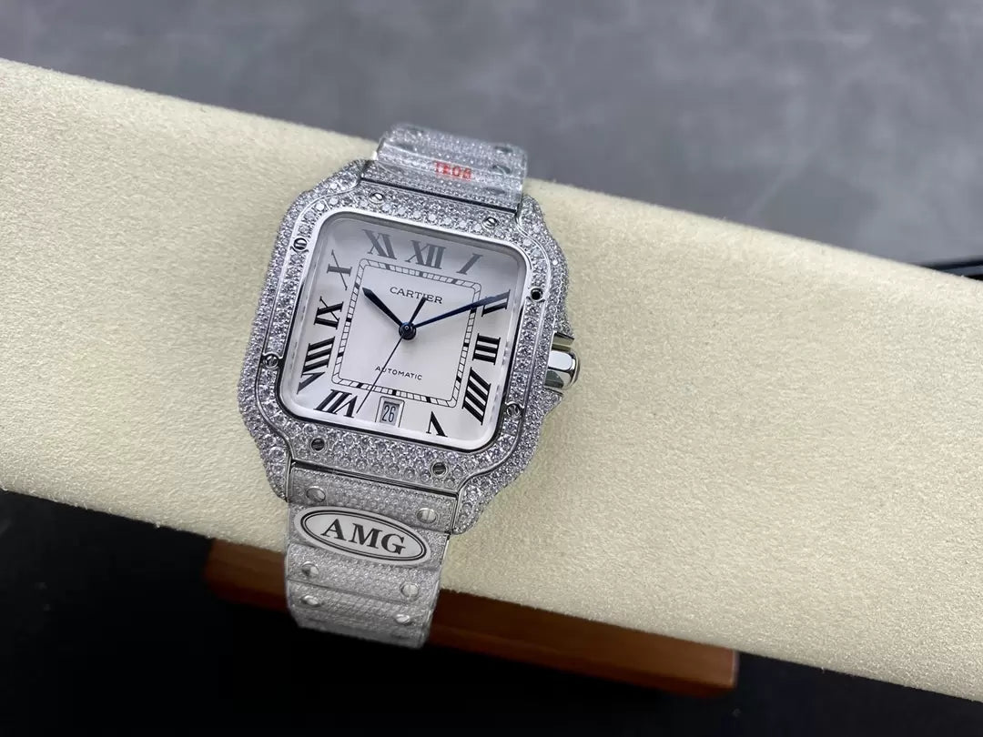 Santos De Cartier Relógios Diamante Mostrador Branco e Prata 1:1 Melhor Edição AMG Factory Pedra Swarovski