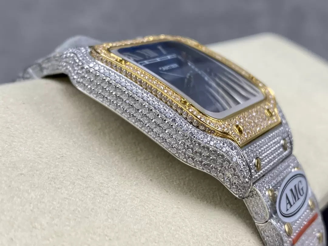 Santos De Cartier Montres en diamant Cadran bleu et or 1: 1 Meilleure édition AMG Factory Pierre Swarovski