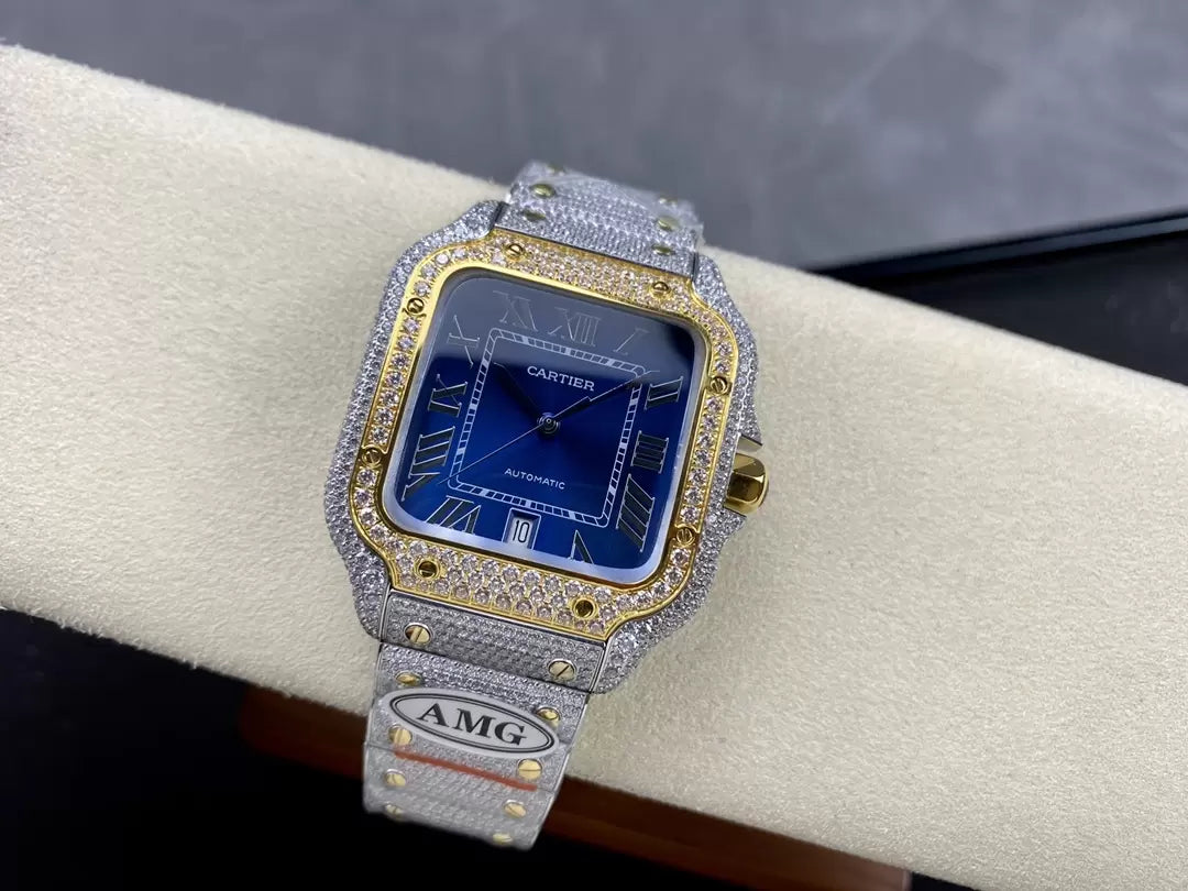 Santos De Cartier Montres en diamant Cadran bleu et or 1: 1 Meilleure édition AMG Factory Pierre Swarovski