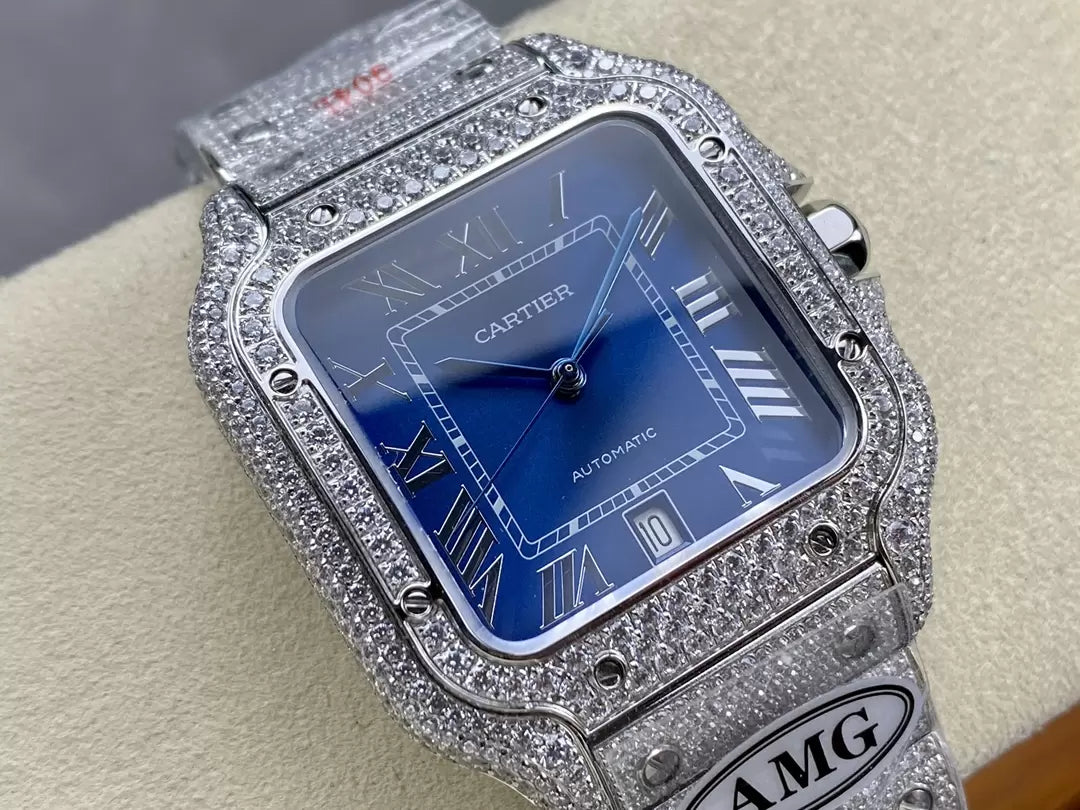 Santos De Cartier Relógios Diamante Mostrador Azul e Prata 1:1 Melhor Edição AMG Factory Pedra Swarovski