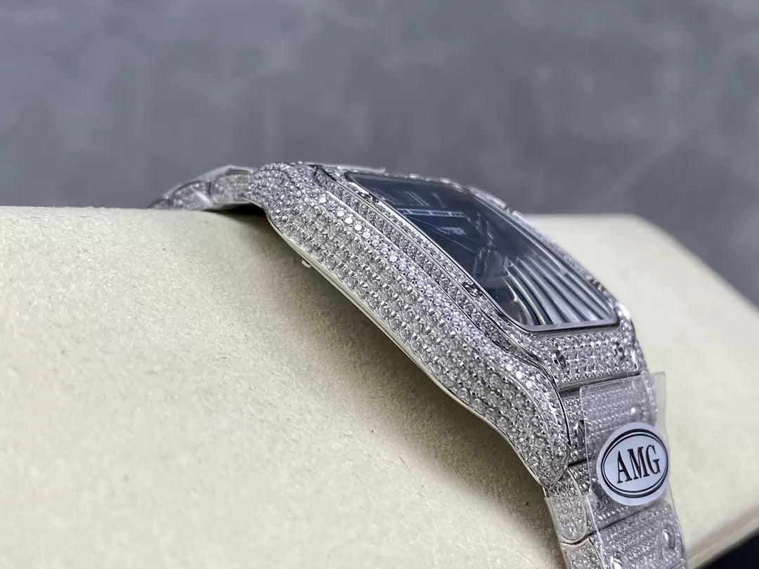 Santos De Cartier Relógios Diamante Mostrador Azul e Prata 1:1 Melhor Edição AMG Factory Pedra Swarovski