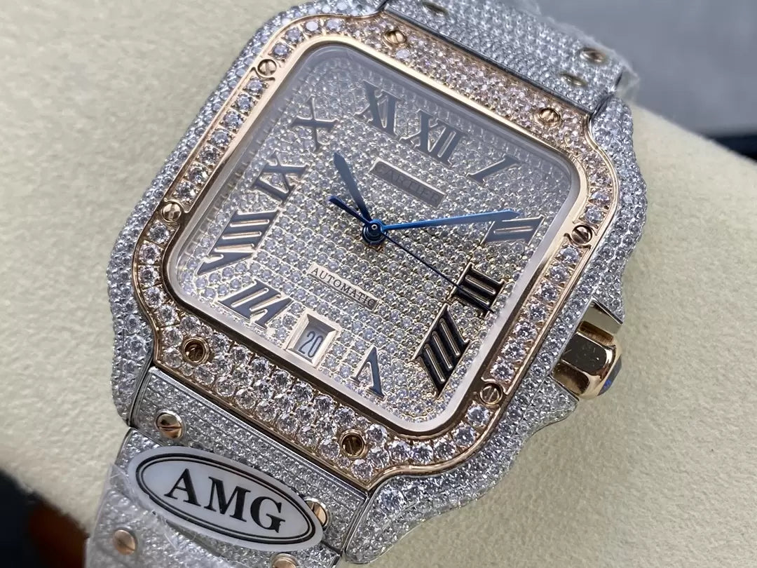 Santos De Cartier Montres en diamant Cadran en or rose 1: 1 Meilleure édition AMG Factory Pierre Swarovski