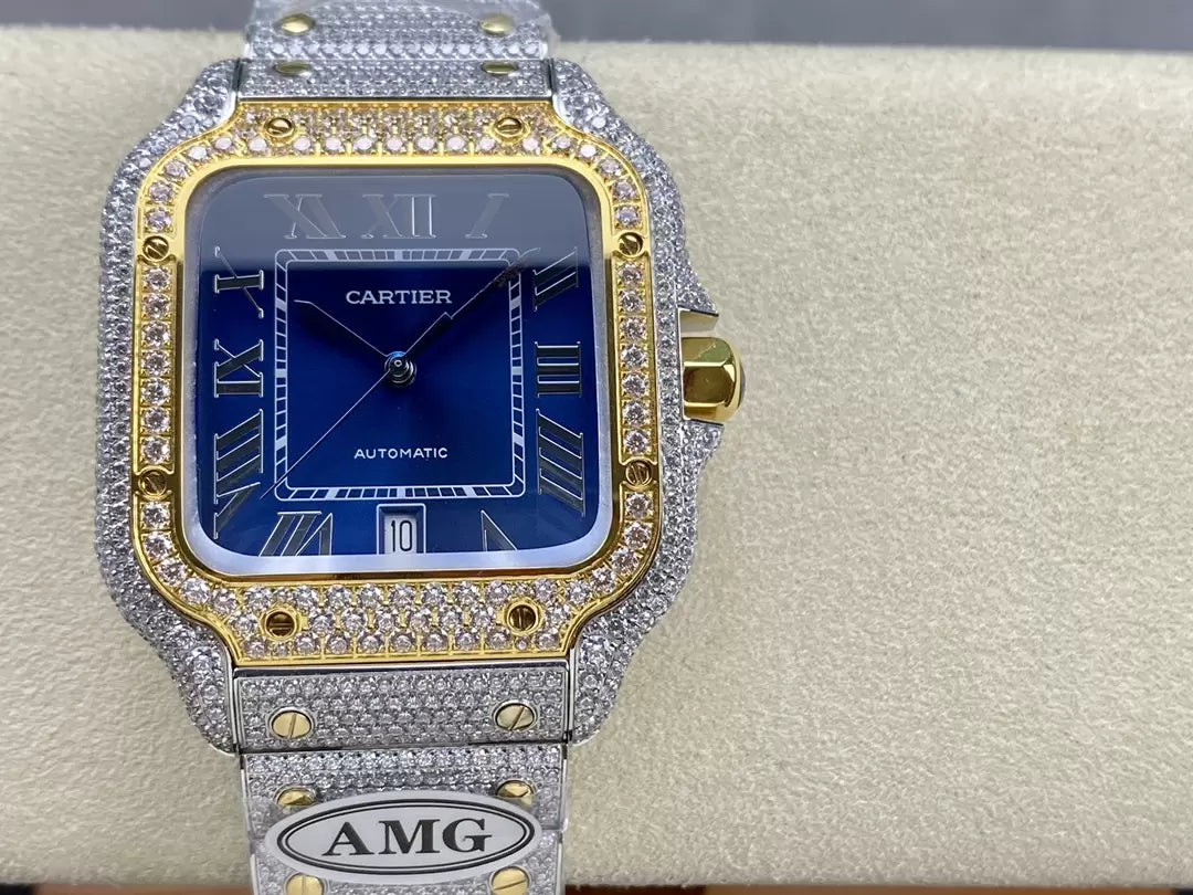 Santos De Cartier Montres en diamant Cadran bleu et or 1: 1 Meilleure édition AMG Factory Pierre Swarovski