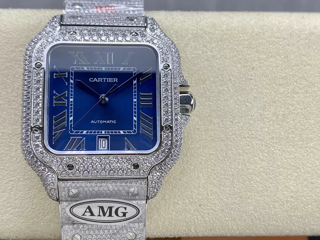 Santos De Cartier Relógios Diamante Mostrador Azul e Prata 1:1 Melhor Edição AMG Factory Pedra Swarovski