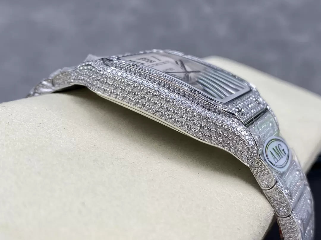 Santos De Cartier Relógios Diamante Mostrador Branco e Prata 1:1 Melhor Edição AMG Factory Pedra Swarovski