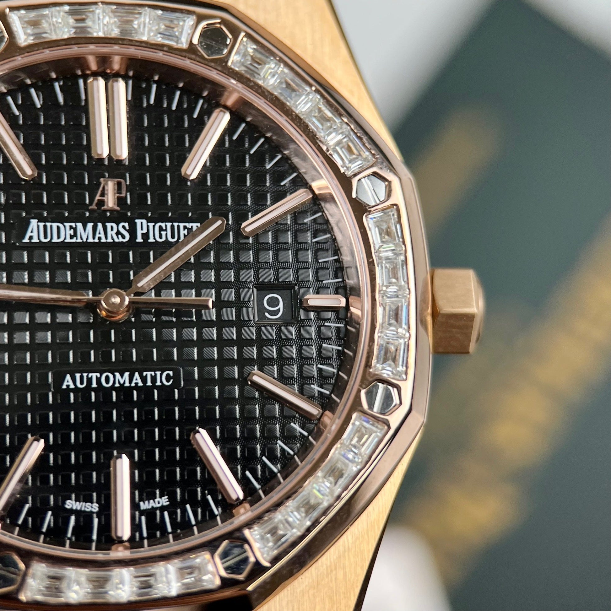 Audemars Piguet Royal Oak 15400OR custom Moissanite baguette and 18k rose gold EU Watch Store