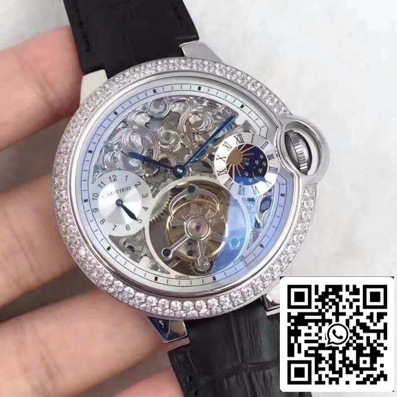 Ballon Bleu De Cartier Tourbillon 1:1 Best Edition Swiss Tourbillon Diamonds bezel Black Leather Strap US Replica Watch