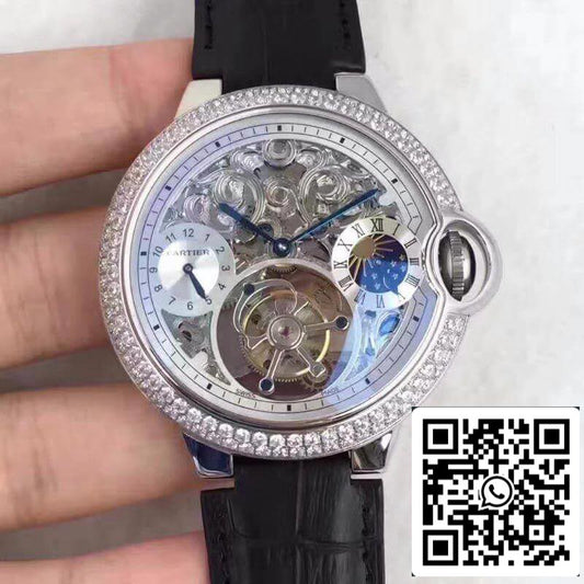 Ballon Bleu De Cartier Tourbillon 1:1 Best Edition Swiss Tourbillon Diamonds bezel Black Leather Strap US Replica Watch