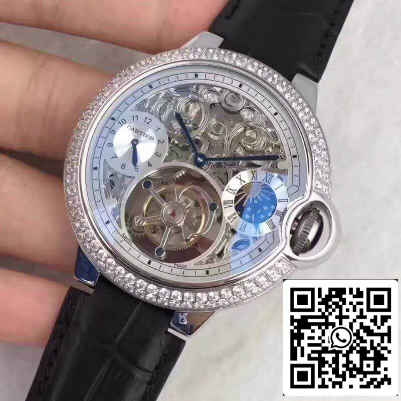 Ballon Bleu De Cartier Tourbillon 1:1 Best Edition Swiss Tourbillon Diamonds bezel Black Leather Strap US Replica Watch