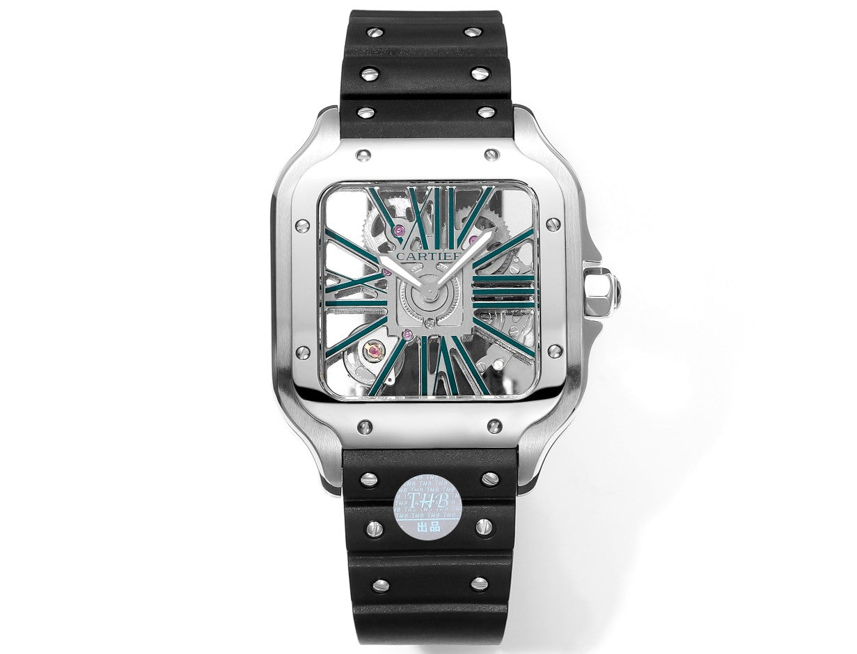 Cartier Santos Skeleton 40 mm THB Factory 1:1 Best Edition, weißes Gehäuse und schwarzes Armband