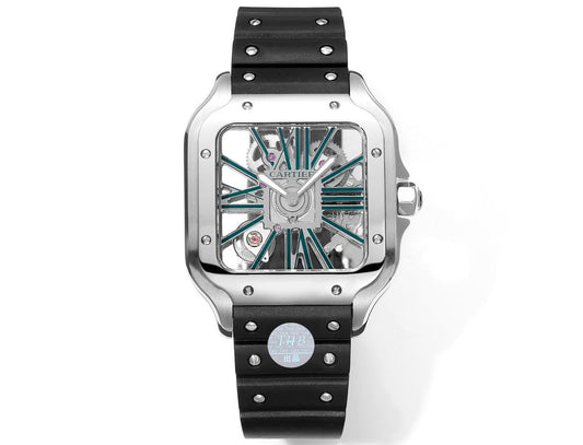 Cartier Santos Skeleton 40 mm THB Factory 1: 1 Meilleure édition Boîtier blanc et bracelet noir