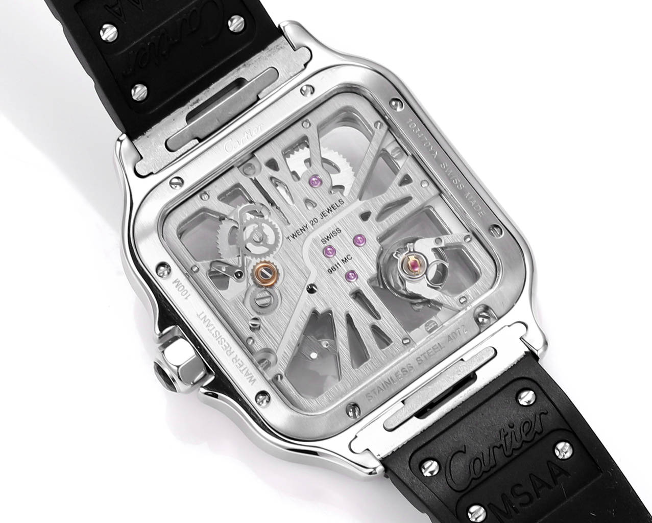 Cartier Santos Skeleton 40 mm THB Factory 1:1 Best Edition, weißes Gehäuse und schwarzes Armband