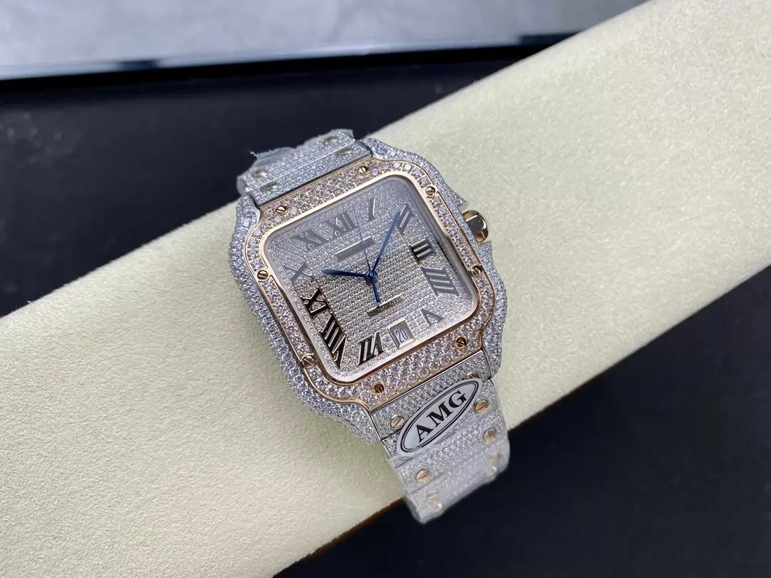 Santos De Cartier Montres en diamant Cadran en or rose 1: 1 Meilleure édition AMG Factory Pierre Swarovski