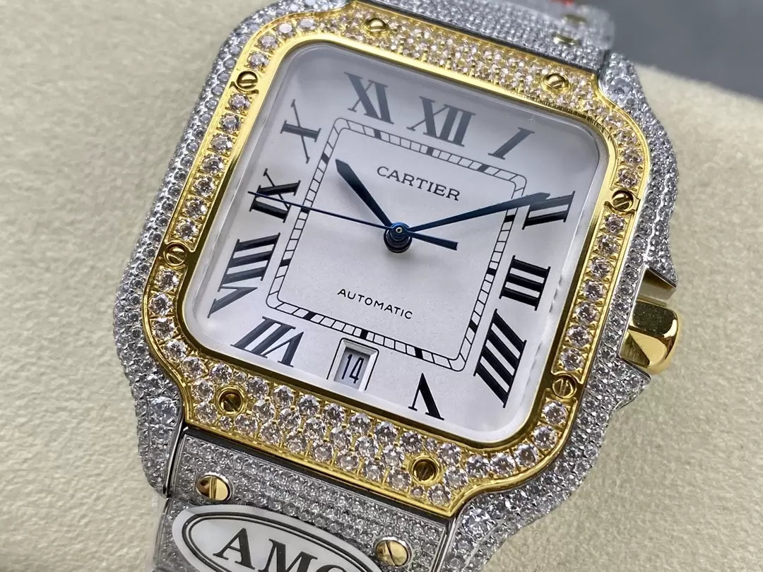 Santos De Cartier Relojes con diamantes Esfera blanca y oro 1:1 Mejor edición AMG Factory Swarovski Stone