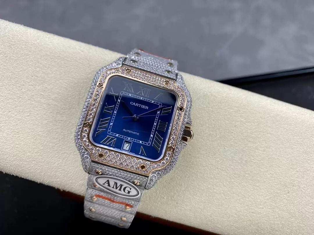 Santos De Cartier Diamond Watches Blue Dial 1:1 Best Edition AMG Factory Swarovski Stone