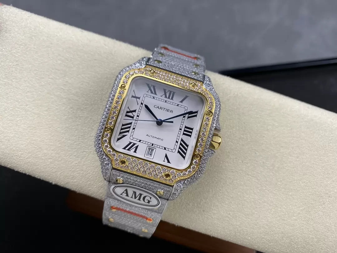 Santos De Cartier Relojes con diamantes Esfera blanca y oro 1:1 Mejor edición AMG Factory Swarovski Stone