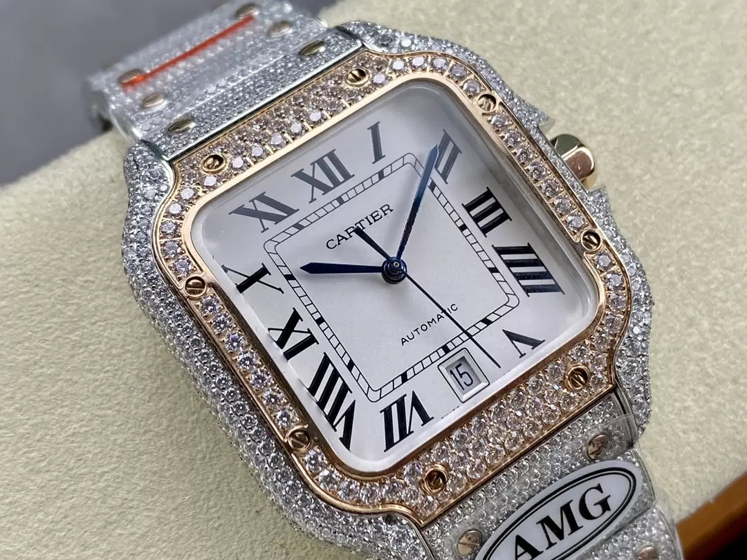 Santos De Cartier Diamond Watches White Dial 1:1 Best Edition AMG Factory Swarovski Stone