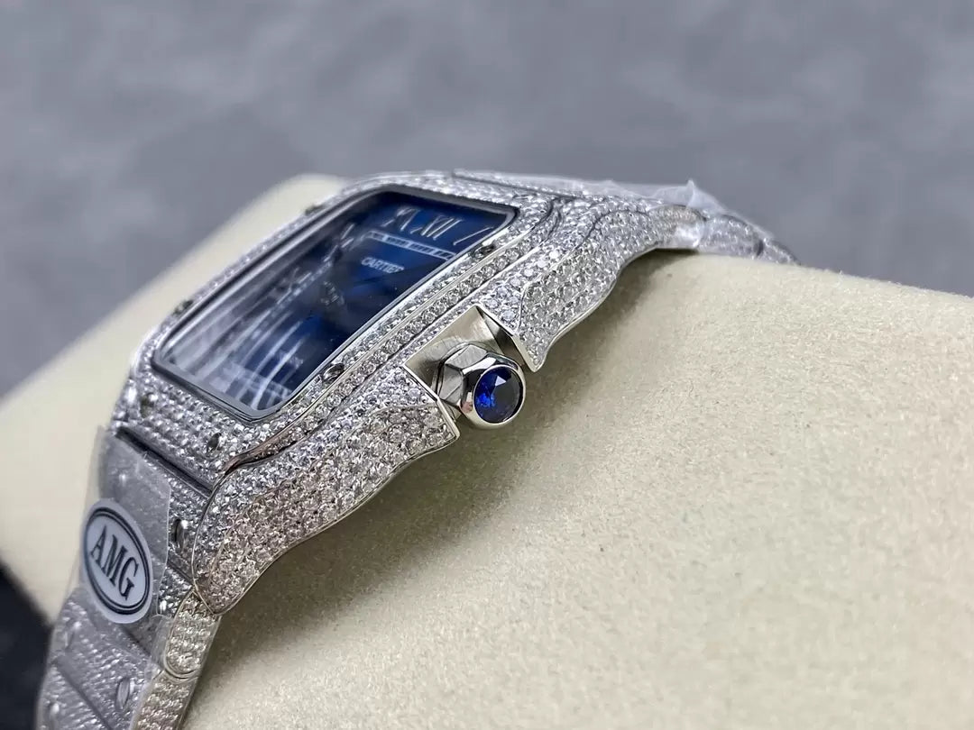 Santos De Cartier Relógios Diamante Mostrador Azul e Prata 1:1 Melhor Edição AMG Factory Pedra Swarovski