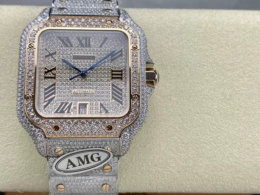 Santos De Cartier Diamond Watches Rose Gold Dial 1:1 Best Edition AMG Factory Swarovski Stone