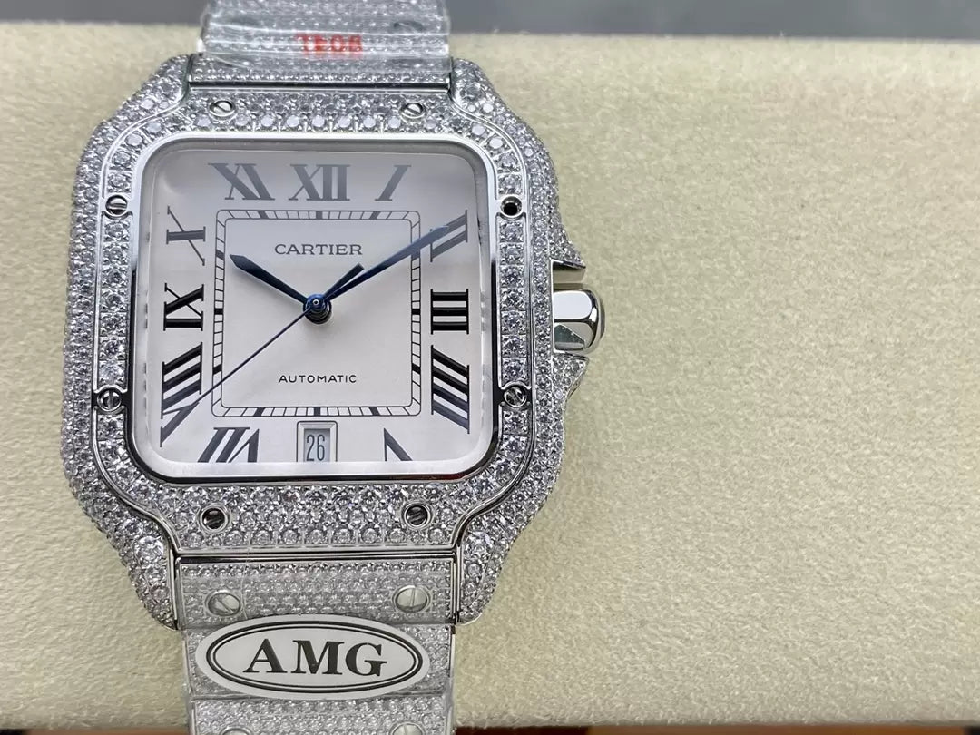 Santos De Cartier Relógios Diamante Mostrador Branco e Prata 1:1 Melhor Edição AMG Factory Pedra Swarovski