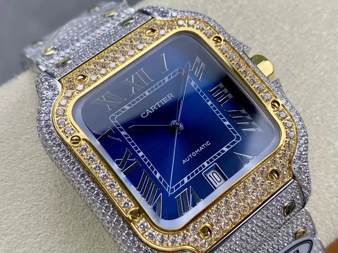 Santos De Cartier Montres en diamant Cadran bleu et or 1: 1 Meilleure édition AMG Factory Pierre Swarovski