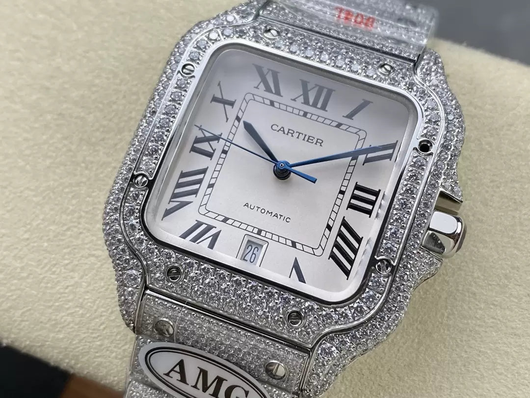 Santos De Cartier Relógios Diamante Mostrador Branco e Prata 1:1 Melhor Edição AMG Factory Pedra Swarovski