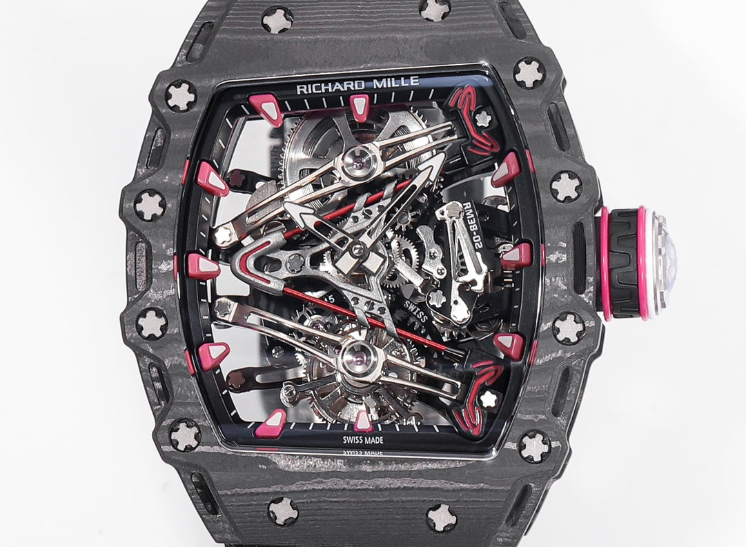 Richard Mille Bubba Watson Tourbillon RM38-02 1:1 Meilleure édition Boîtier en carbone noir Bracelet en tissu Velcro