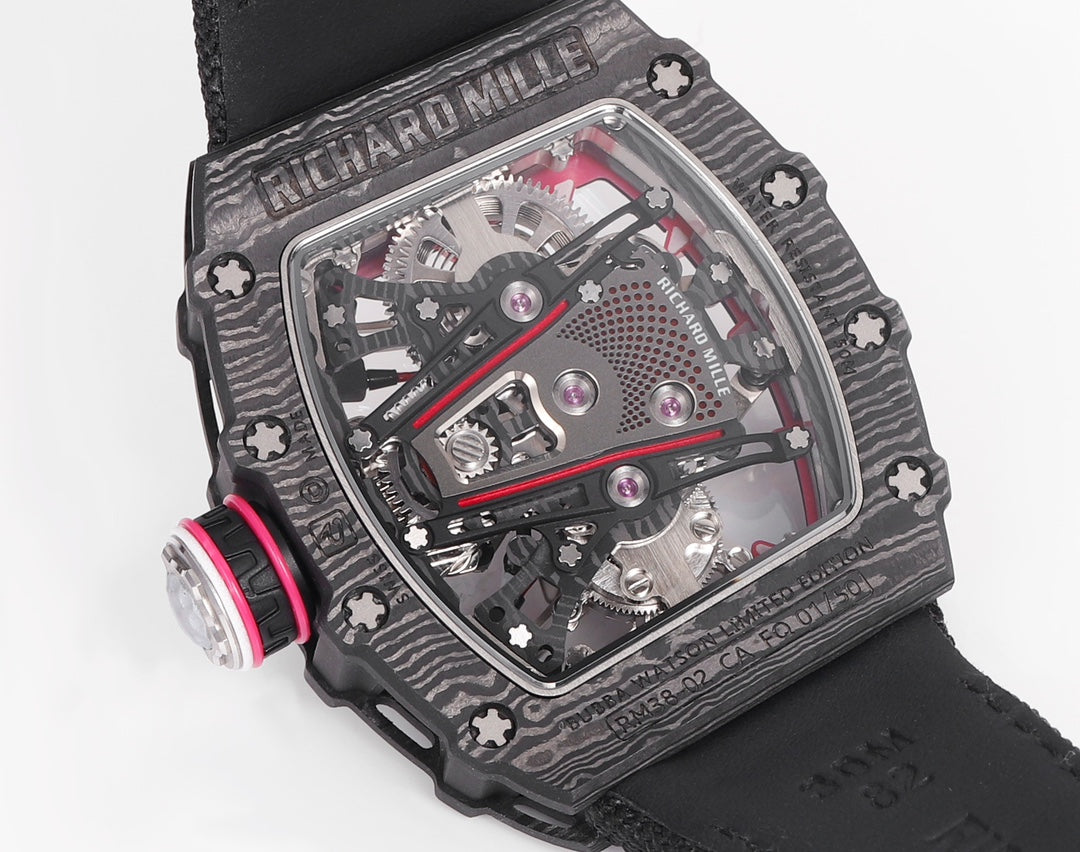 Richard Mille Bubba Watson Tourbillon RM38-02 1:1 Meilleure édition Boîtier en carbone noir Bracelet en tissu Velcro