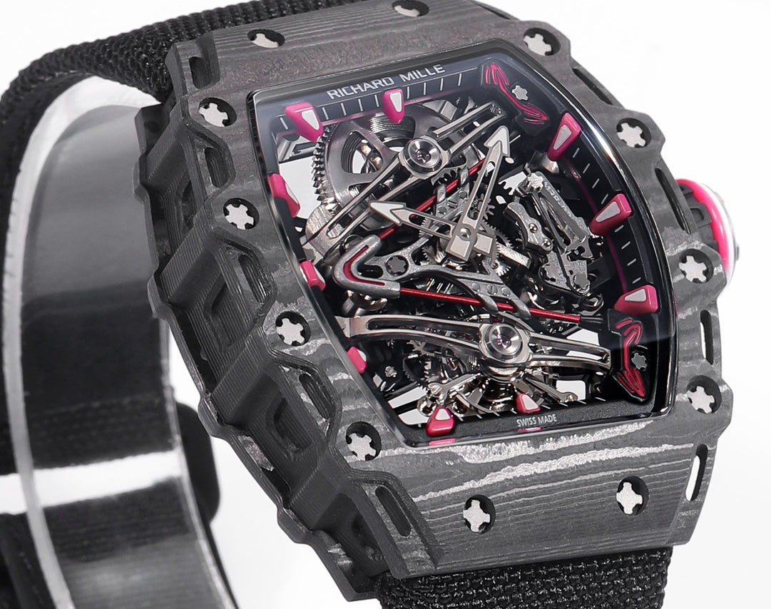 Richard Mille Bubba Watson Tourbillon RM38-02 1:1 Meilleure édition Boîtier en carbone noir Bracelet en tissu Velcro