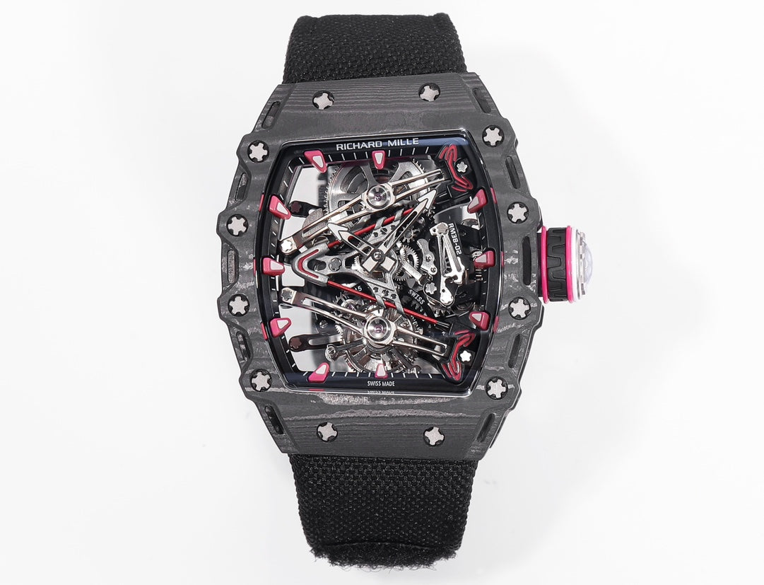 Richard Mille Bubba Watson Tourbillon RM38-02 1:1 Meilleure édition Boîtier en carbone noir Bracelet en tissu Velcro