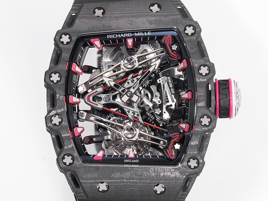 Richard Mille Bubba Watson Tourbillon RM38-02 1:1 Meilleure édition Boîtier en carbone noir Bracelet en caoutchouc