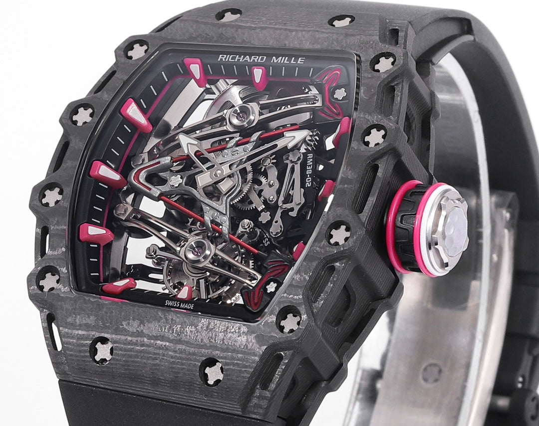 Richard Mille Bubba Watson Tourbillon RM38-02 1:1 Meilleure édition Boîtier en carbone noir Bracelet en caoutchouc