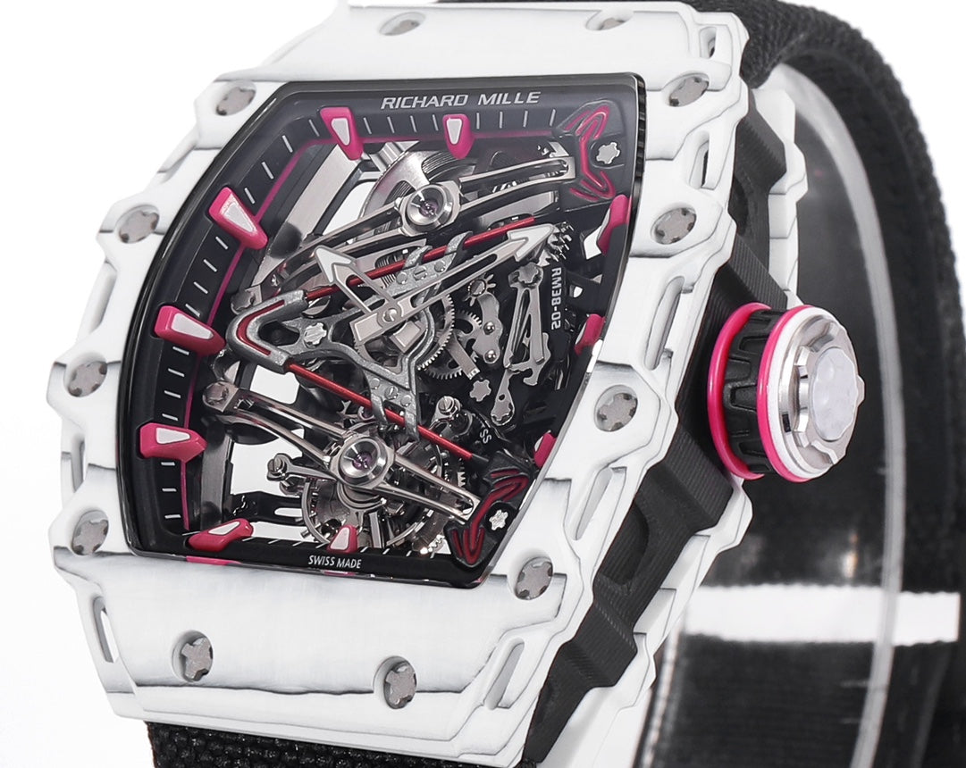 Richard Mille Bubba Watson Tourbillon RM38-02 1:1 Meilleure édition Boîtier en carbone blanc Bracelet en tissu Velcro noir