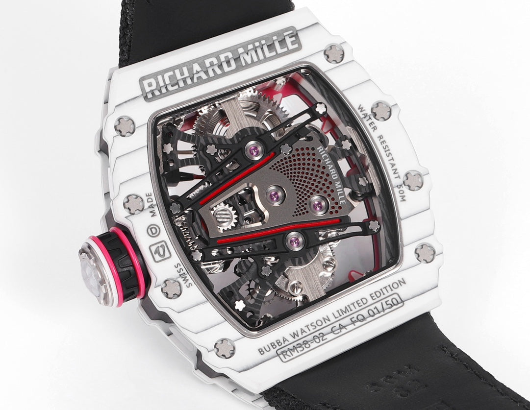 Richard Mille Bubba Watson Tourbillon RM38-02 1:1 Meilleure édition Boîtier en carbone blanc Bracelet en tissu Velcro noir