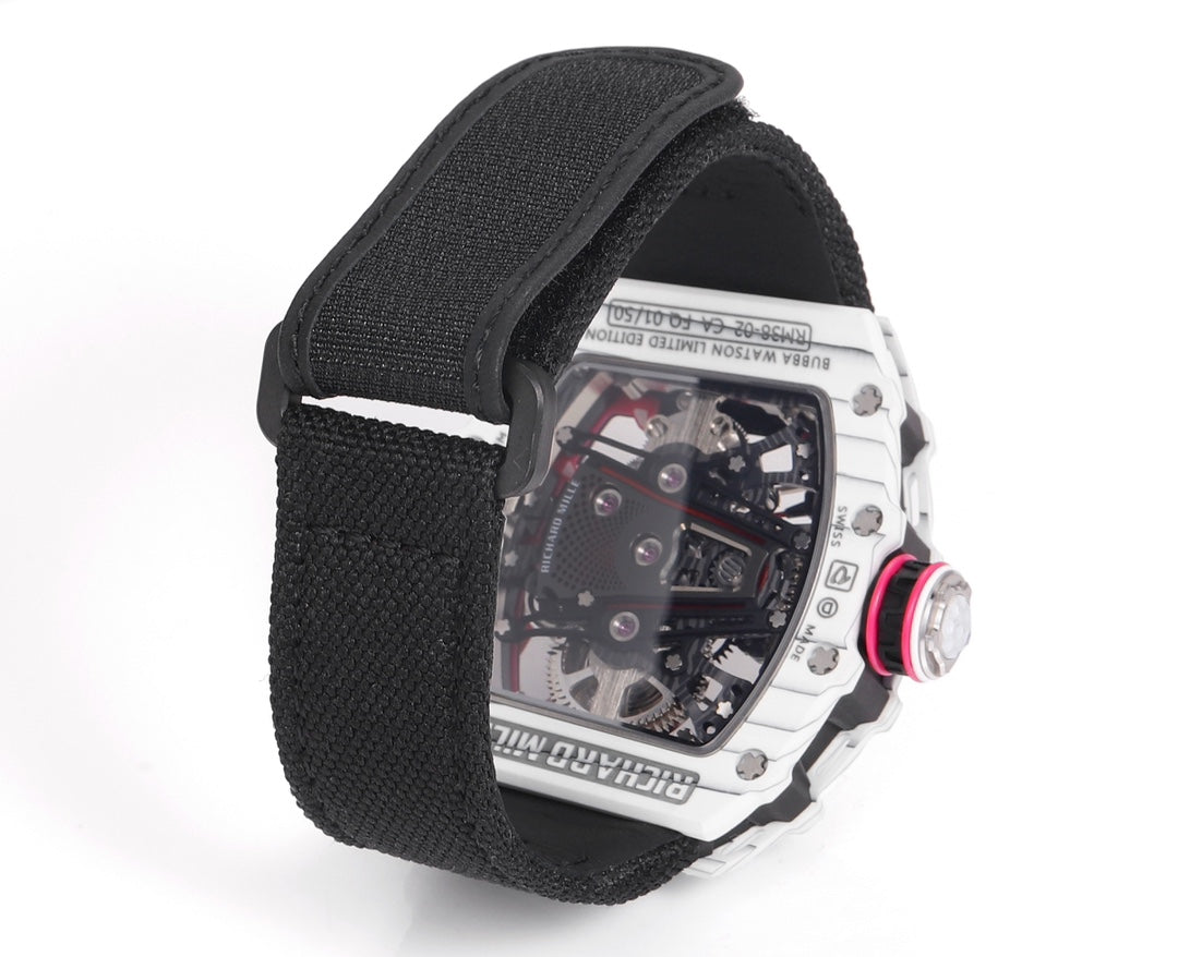 Richard Mille Bubba Watson Tourbillon RM38-02 1:1 Meilleure édition Boîtier en carbone blanc Bracelet en tissu Velcro noir